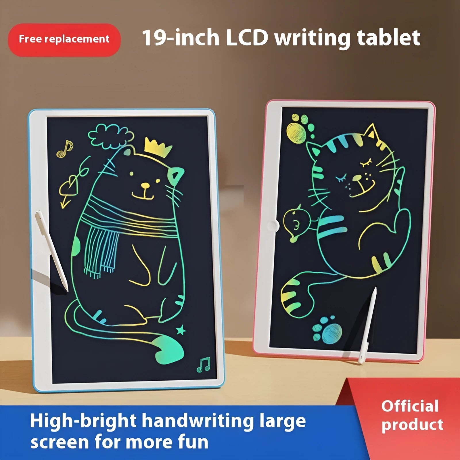 19-inch LCD drawing board for kids with blue and white frame on a wooden table.
