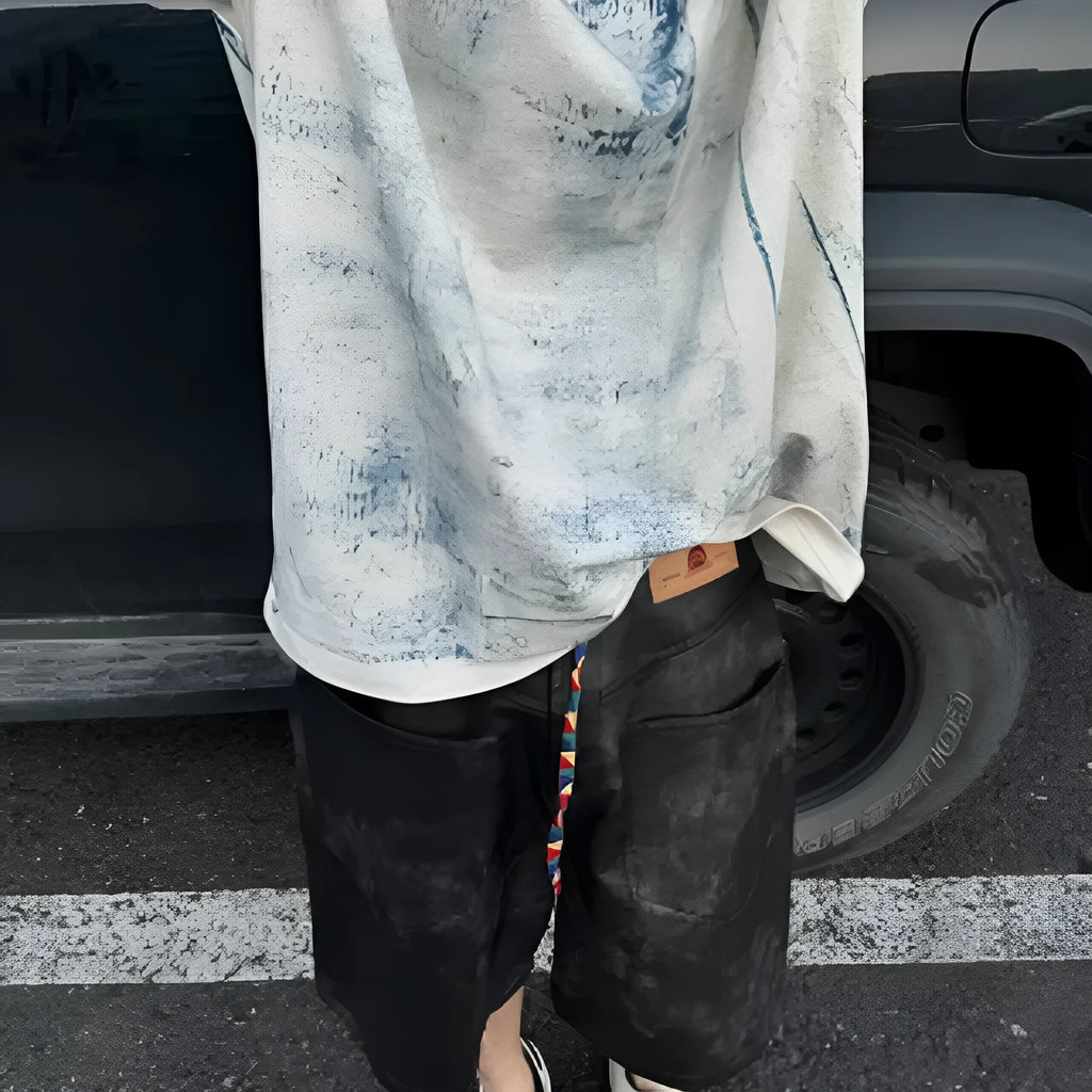 Korean loose fit round neck t-shirt with colourful screen-printed summer and tie-dye designs.