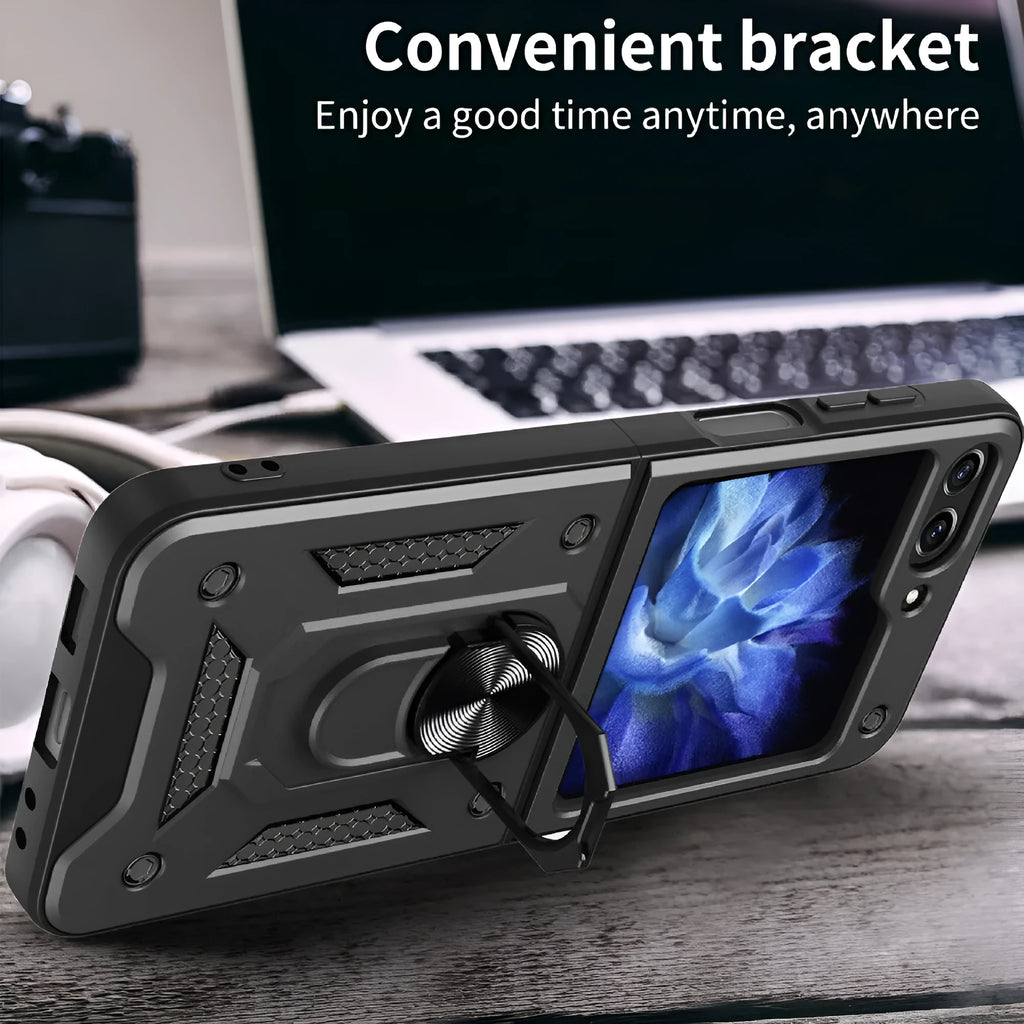 Shunjia sliding window mirror phone case for Samsung Z Flip and Z Fold, black colour, with bracket and mirror closed