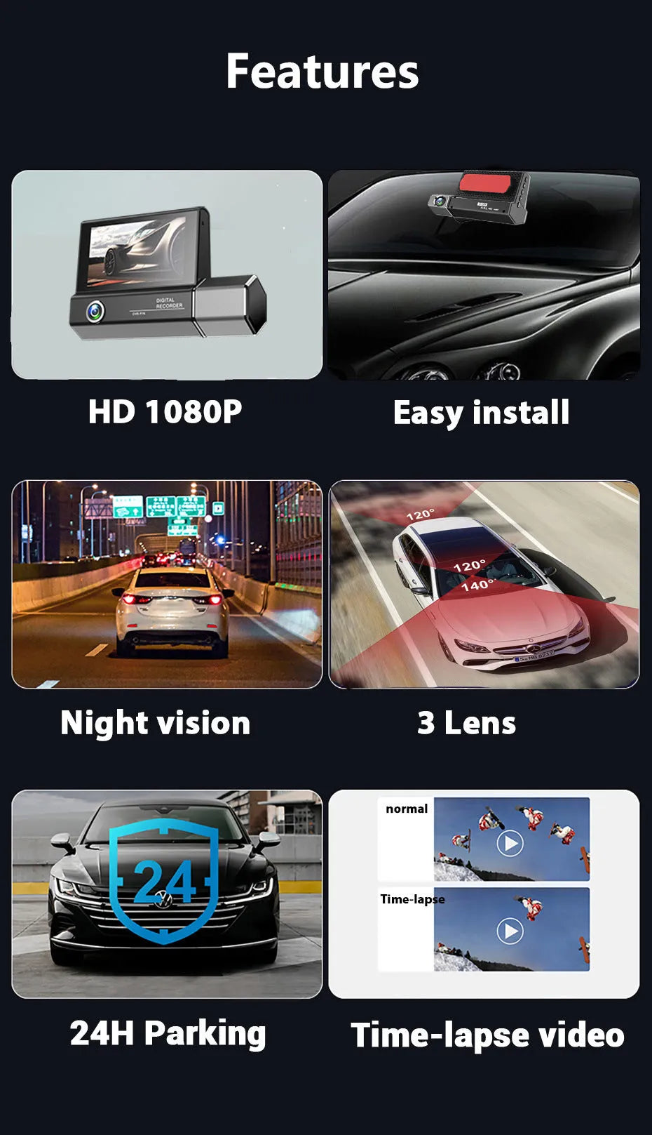 Black three-lens car dash cam with touch screen display, shown with car power cable