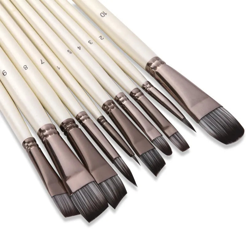 Set of 10 pearl white nylon watercolour brushes with wood handles for oil painting in PVC storage bag