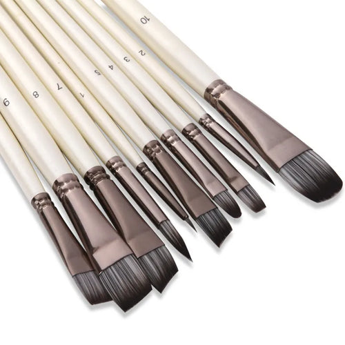 Set of 10 pearl white nylon watercolour brushes with wood handles for oil painting in PVC storage bag