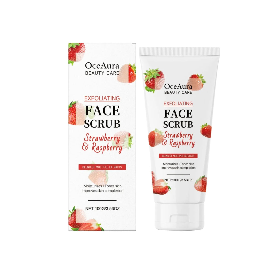Exfoliating facial scrub in a tube with strawberry and pecan shell powder ingredients