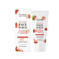 Exfoliating facial scrub in a tube with strawberry and pecan shell powder ingredients