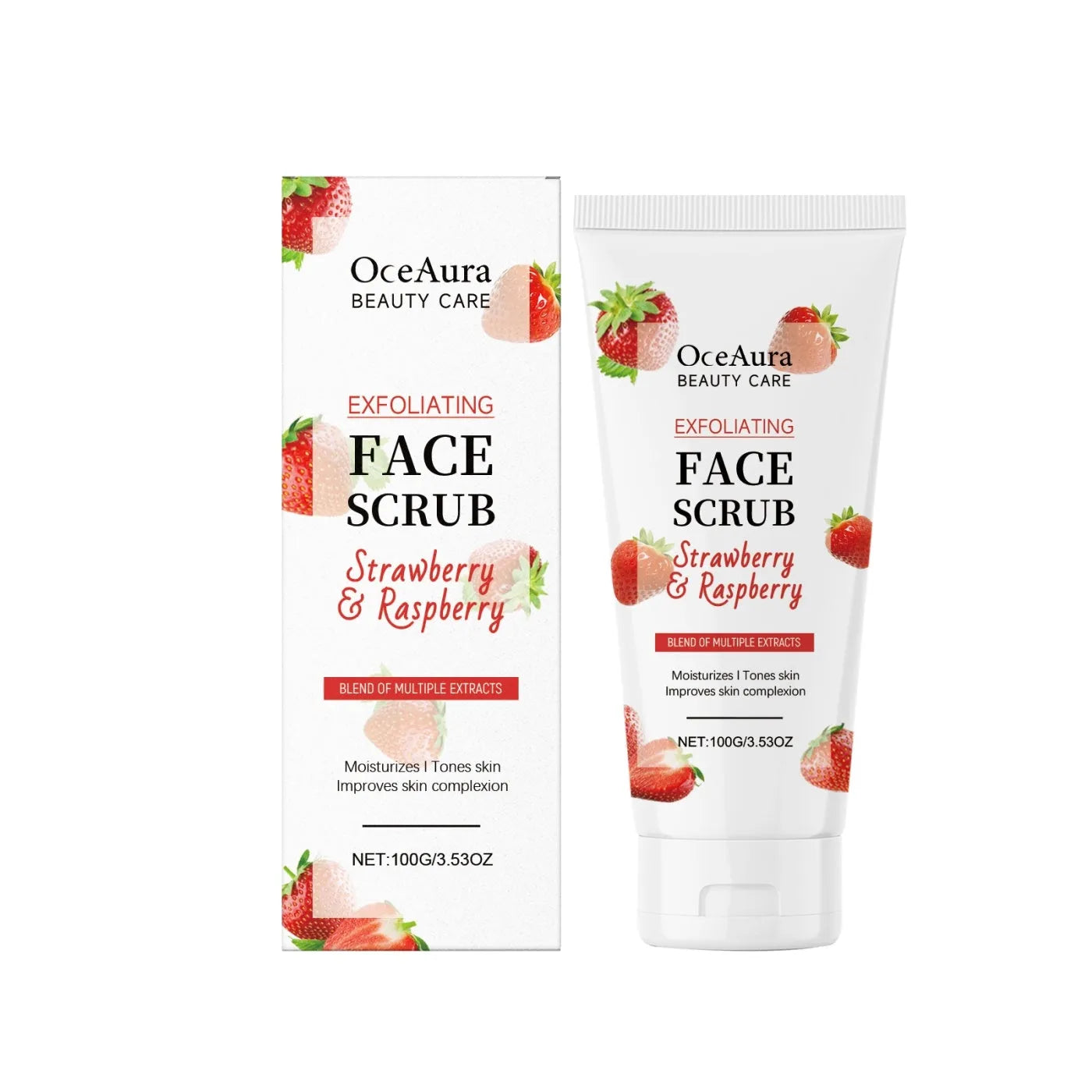 Exfoliating facial scrub in a tube with strawberry and pecan shell powder ingredients