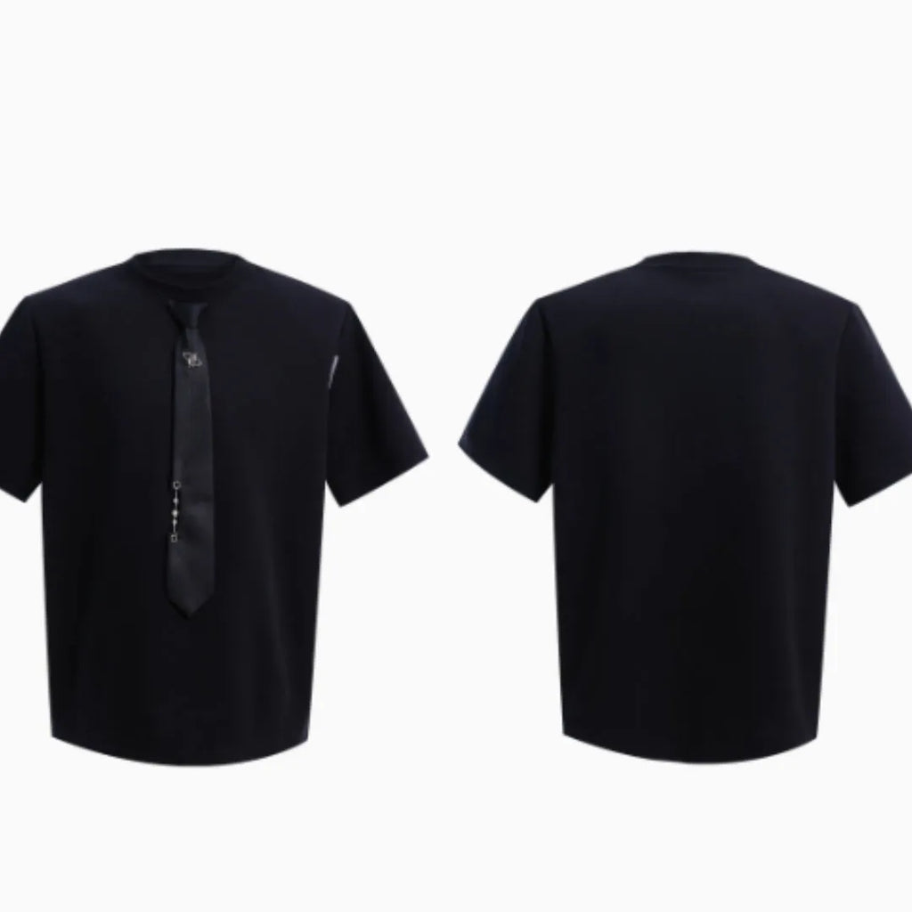 Niche tie stitching short sleeve solid colour loose fit top with metal decoration, black, front view