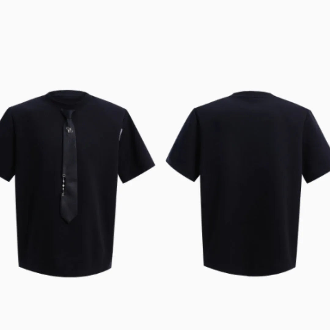 Niche tie stitching short sleeve solid colour loose fit top with metal decoration, black, front view