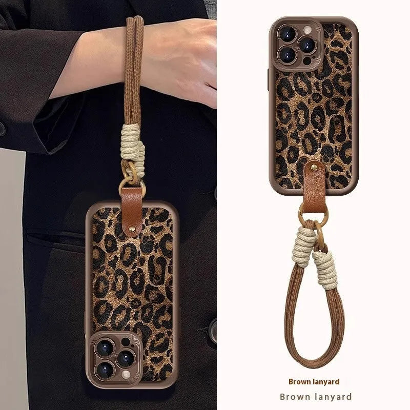 Brown leopard print silicone iPhone case with lanyard attachment for iPhone 11-16 Pro Max models