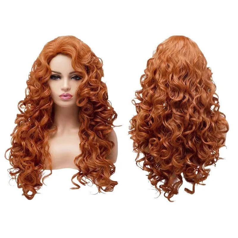 Brown long wavy curly wig with instant noodles fluffy texture on display head