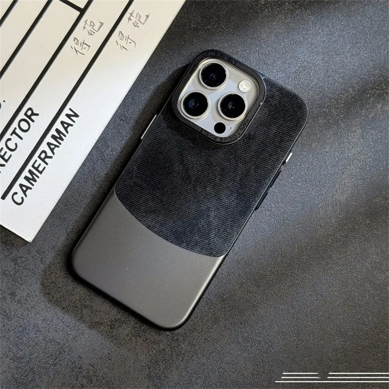 Electroplated PC phone case for iPhone 15 Pro Max in colour-matched finish with flannel fabric texture