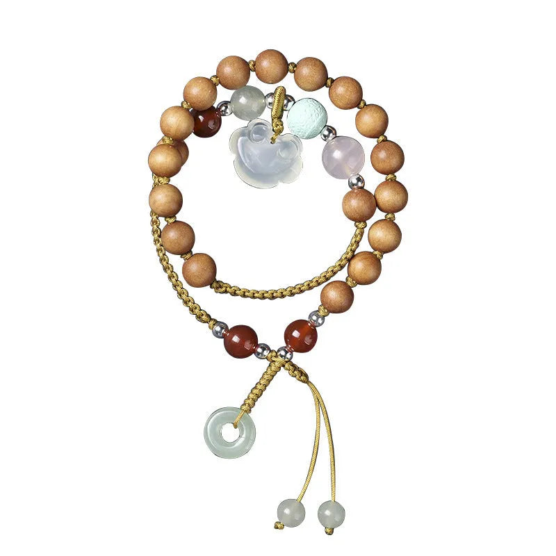 Hand-woven ebony women's bracelet with double ring design and decorative stone elements