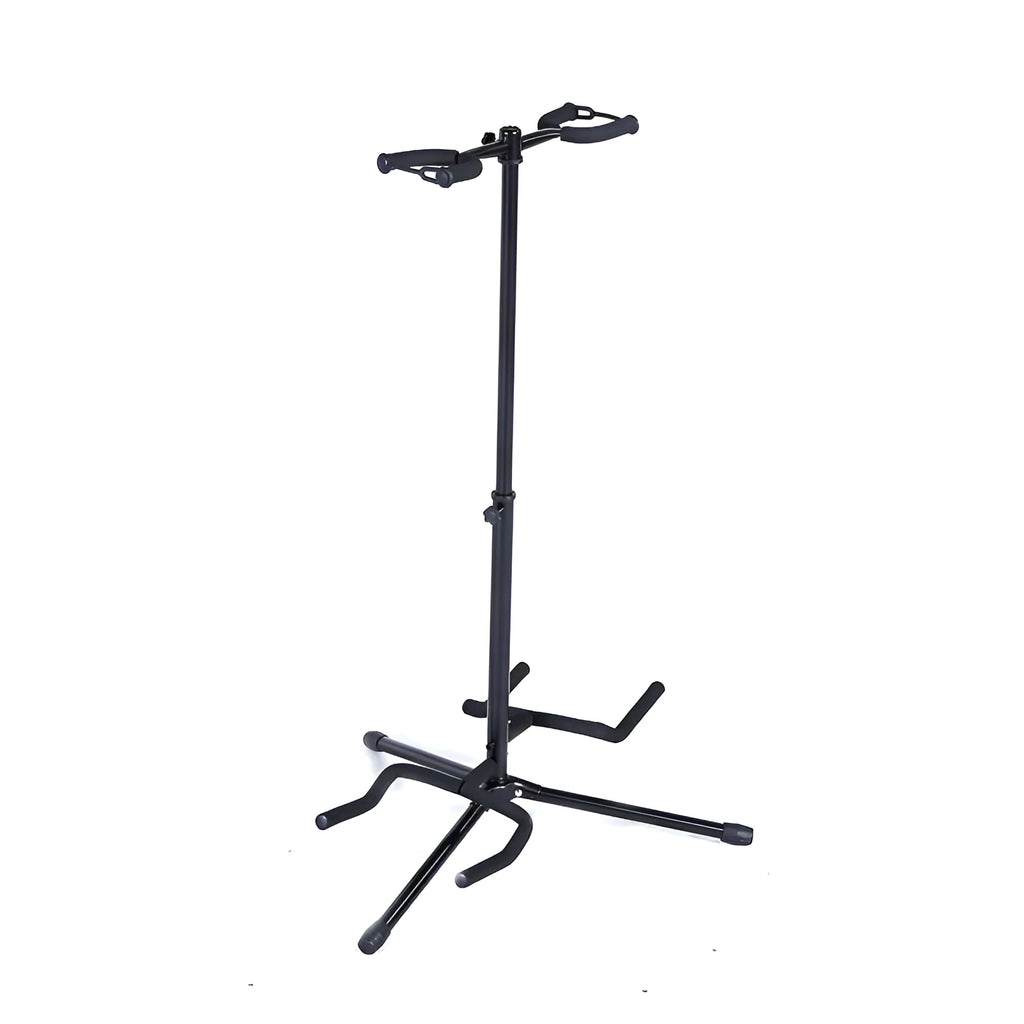 Black iron vertical double-headed guitar stand for acoustic or electric instruments