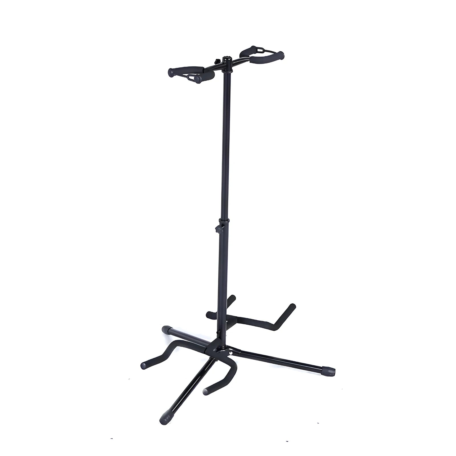 Black iron vertical double-headed guitar stand for acoustic or electric instruments