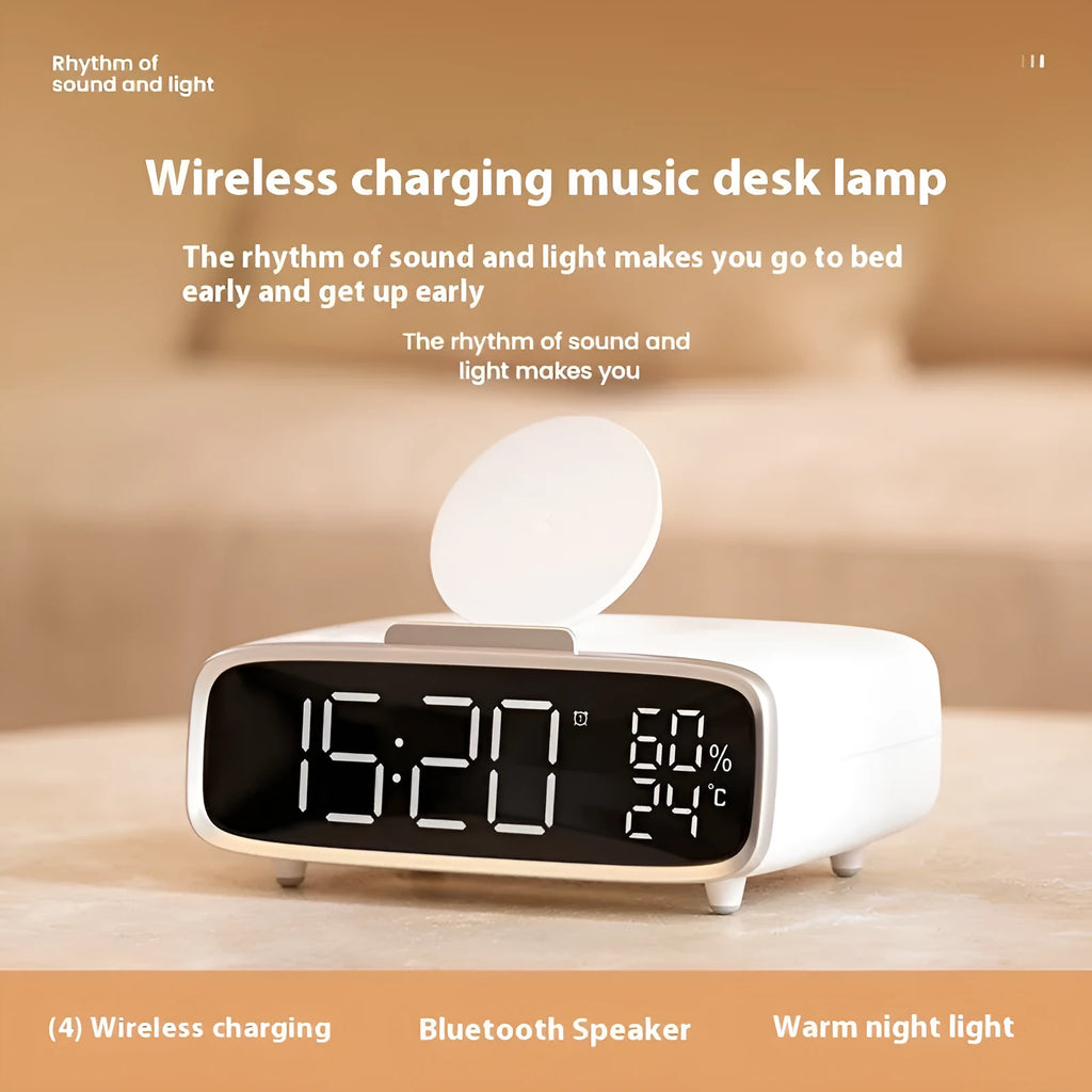 White round Bluetooth speaker wireless charger alarm clock with night light on bedside table