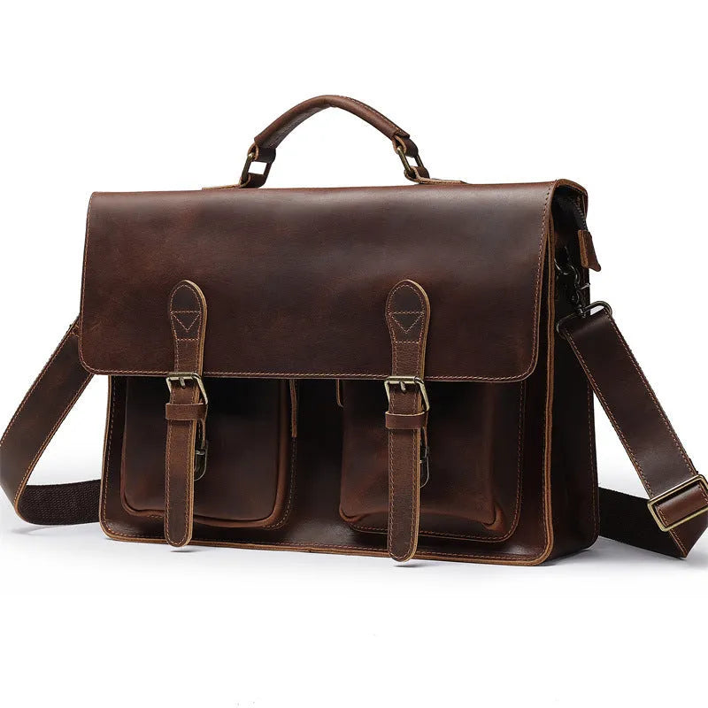 Genuine cowhide leather computer bag with crossbody strap in dark brown colour for business use