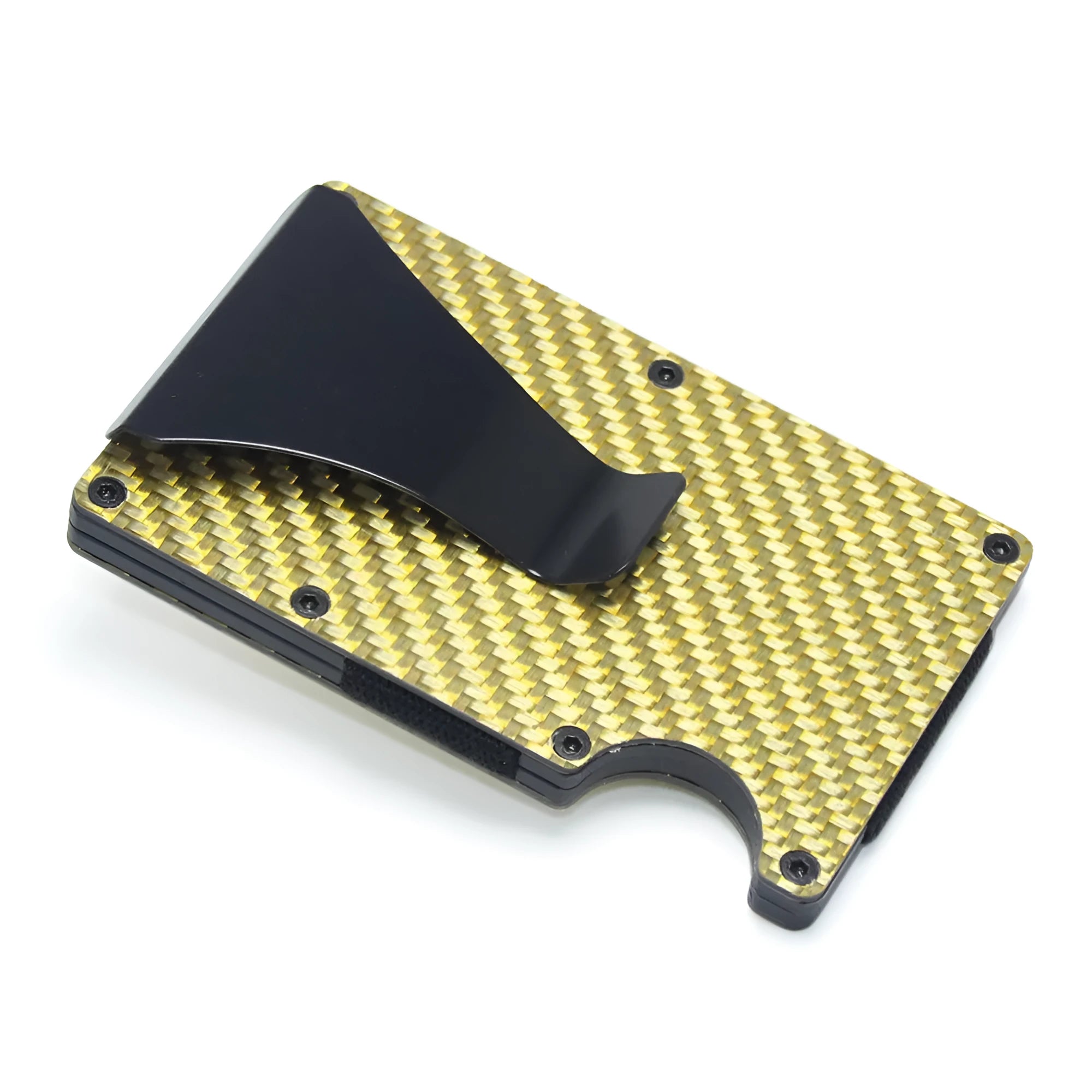 Geometric card holder in black carbon fibre showing slim 8mm profile and card capacity