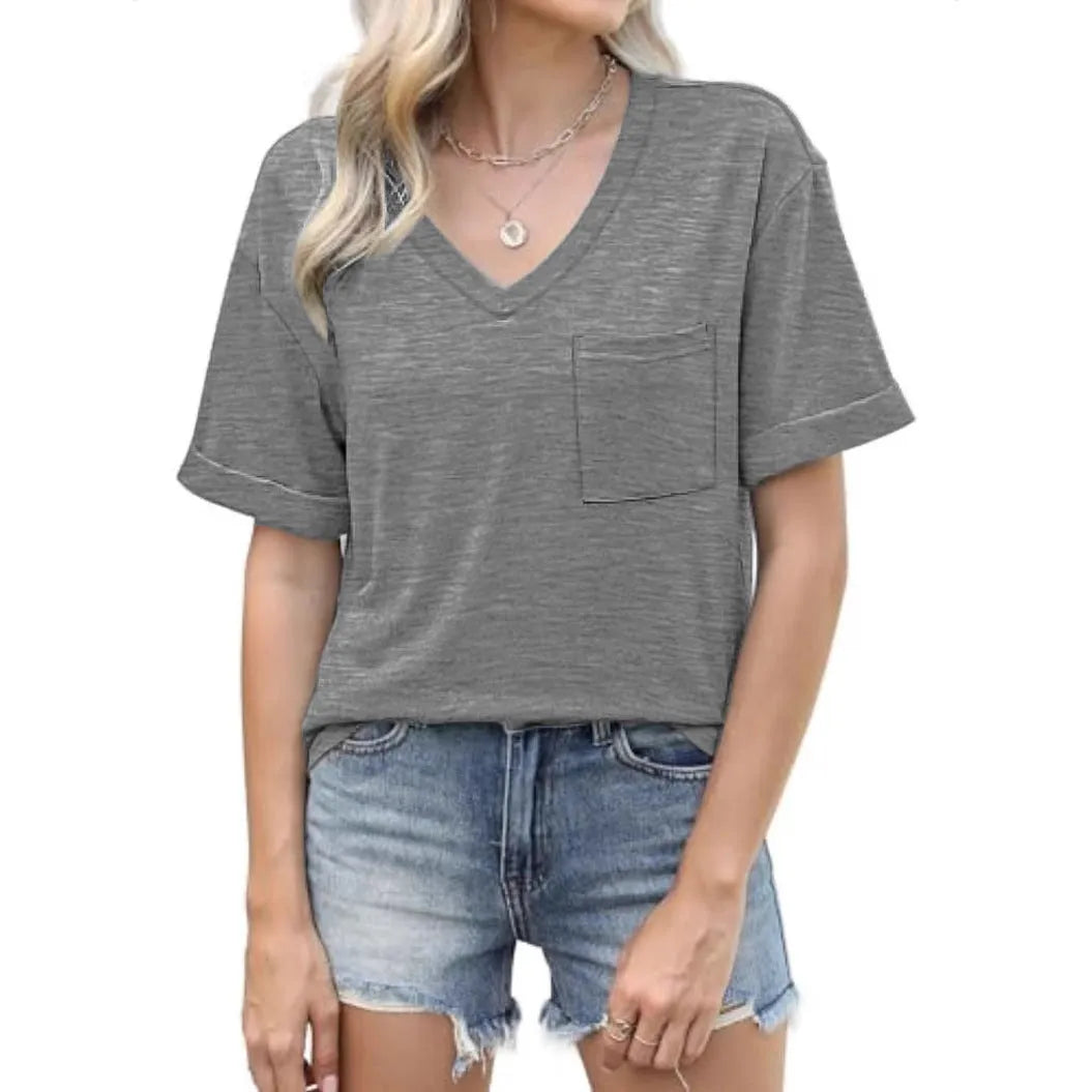 Grey loose-fit V-neck t-shirt with a front pocket and short sleeves on a plain background