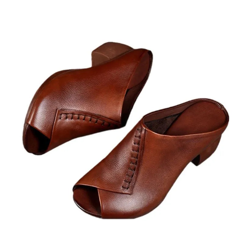 Women's black square heel peep-toe sandals with open fish-mouth design and a rubber sole.