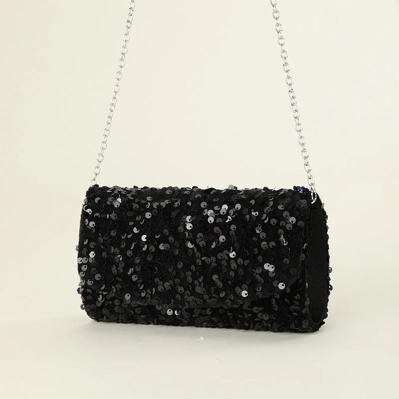 Sequin glitter chain women's party dinner bag in black or silver, 20x5x10cm horizontal square with phone compartment