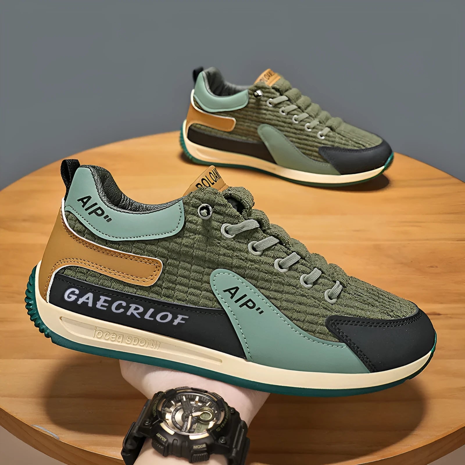 Men's grey and green mesh running shoes with viscose sole and lace-up closure