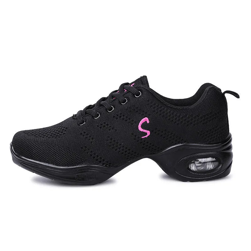 Women's breathable Flyknit mesh dance shoes in multiple colours with a soft PU sole.