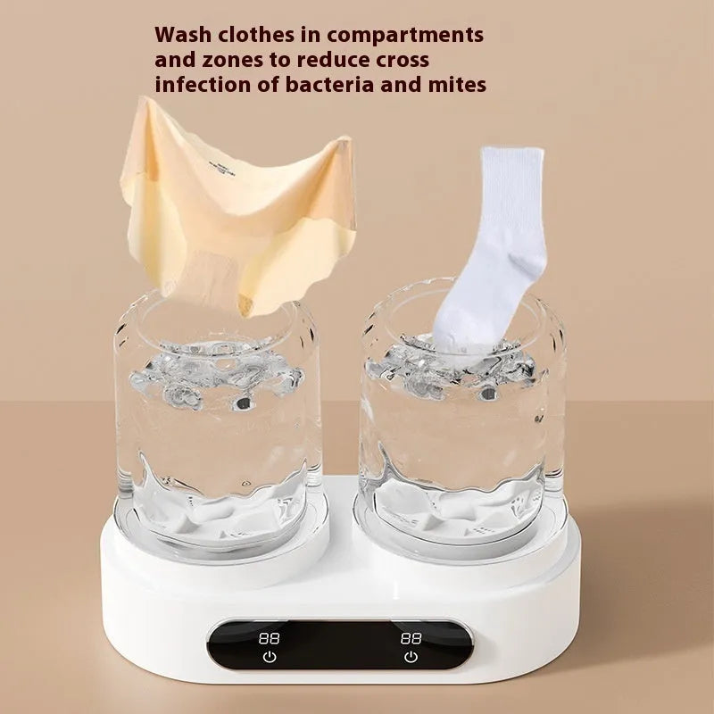 White plastic double bucket mini washing machine with USB cable for portable laundry.