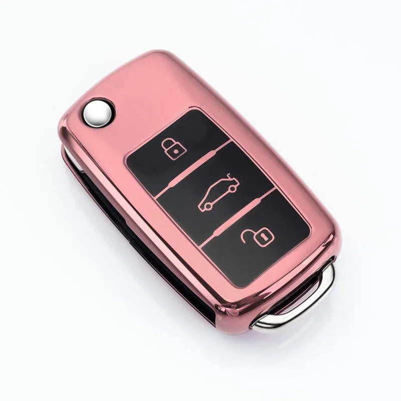 VW Model A car key case in blue, pink, red, and silver colours, showing TPU protective shell for three keys.