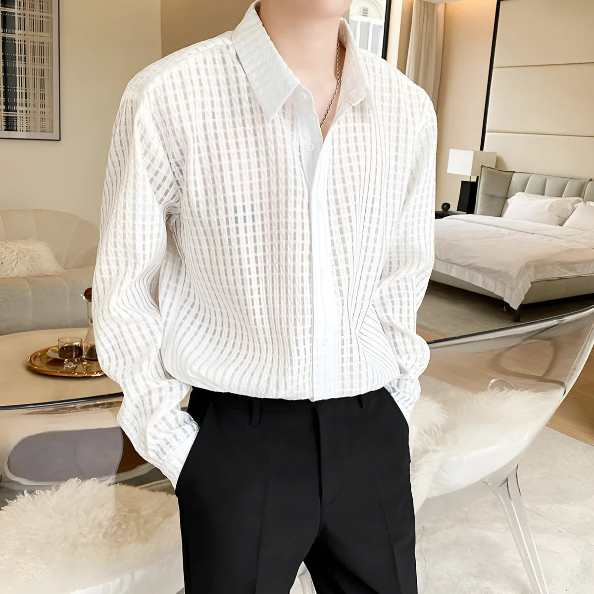 Loose draping inner white plaid shirt, chemical fibre blend cardigan style, sizes M-XXXL, for teenagers