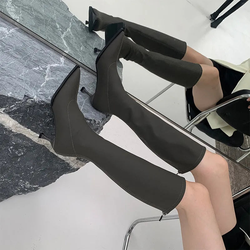 Women’s black pointed toe below the knee boots with 5cm heel and back zipper