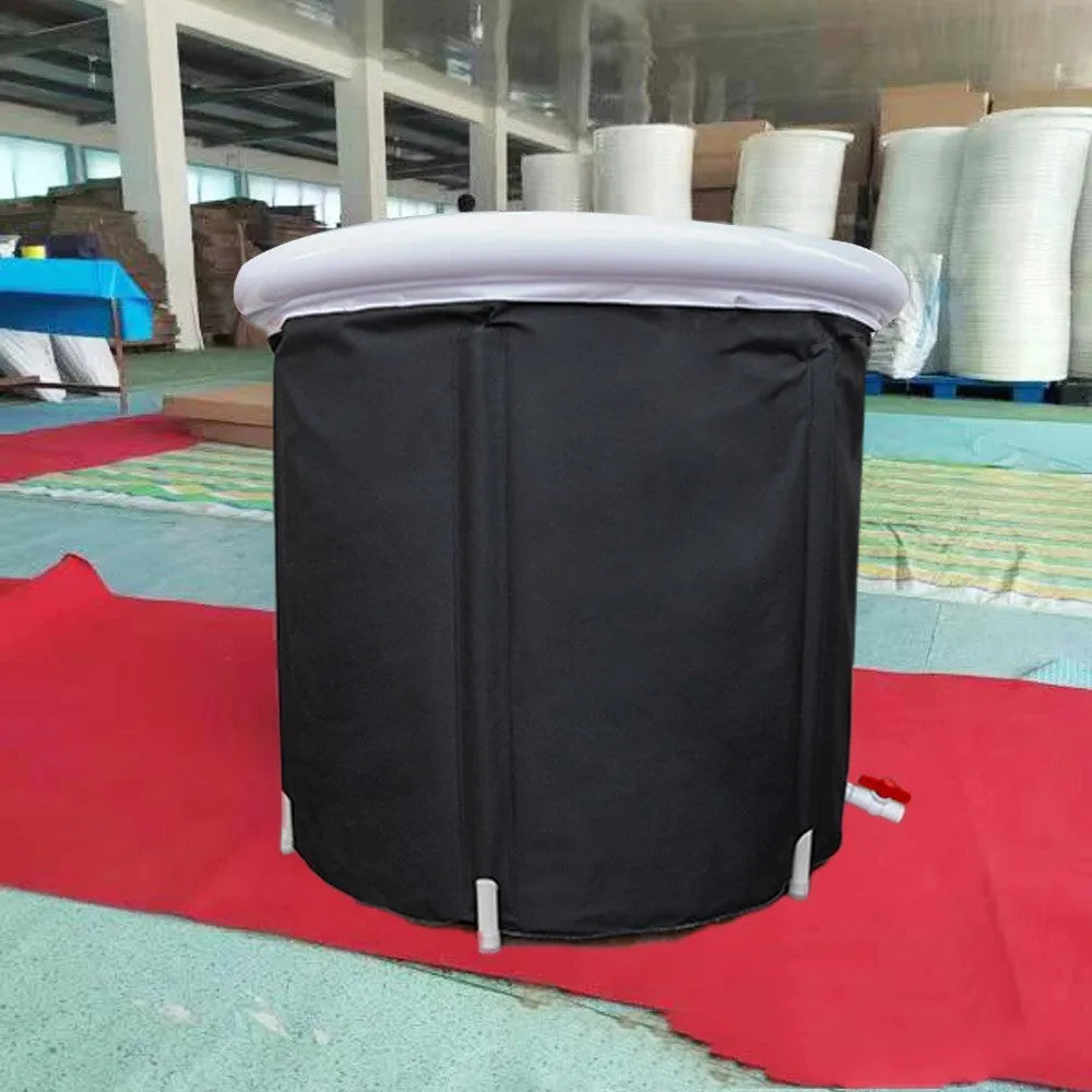 Black portable inflatable ice bath with weather lid for cold therapy recovery