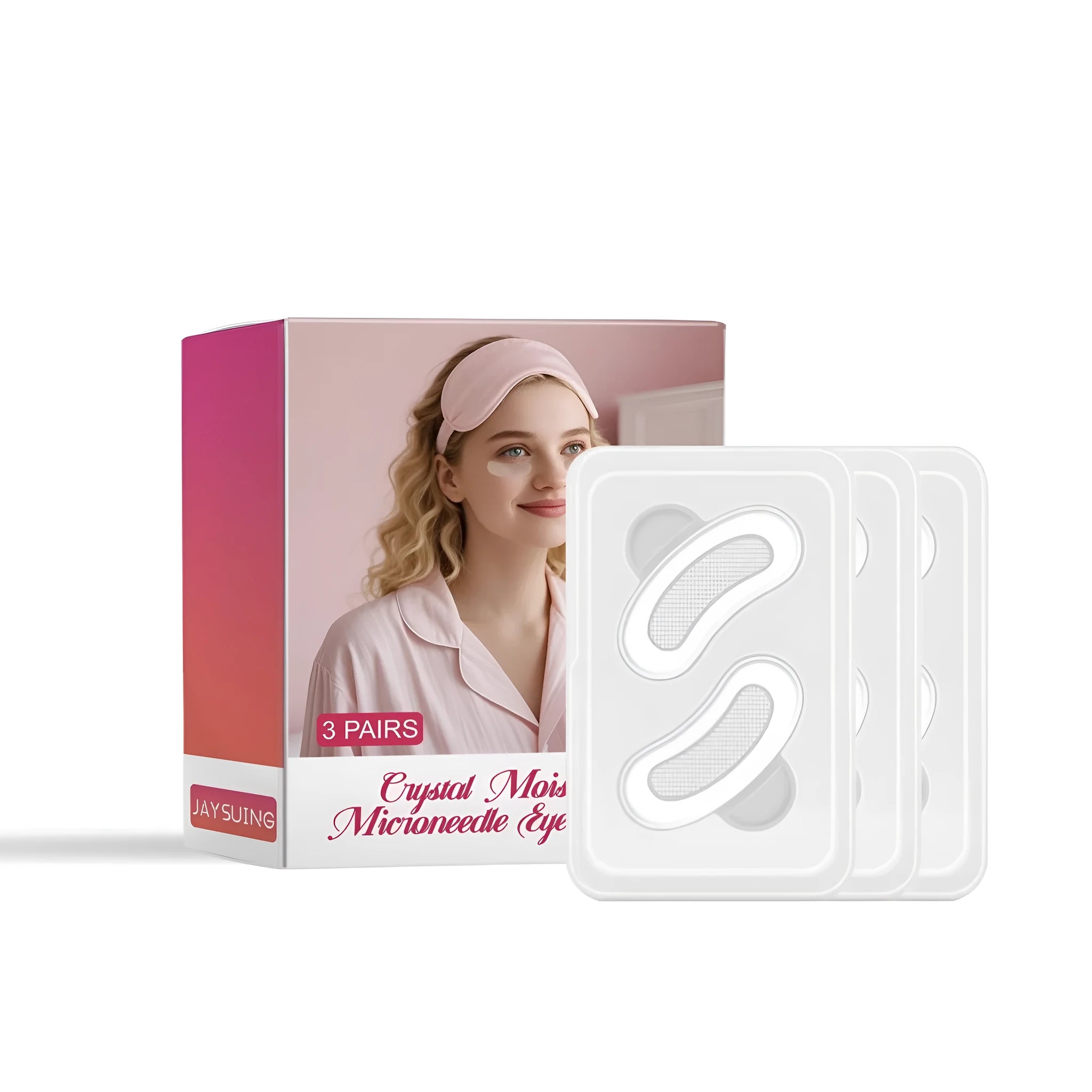 Three pairs of clear microneedle anti-wrinkle patches for the under-eye area on a white background.