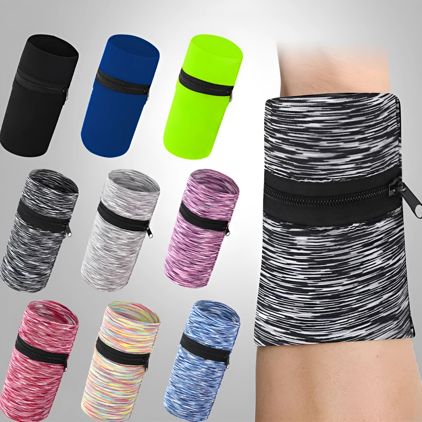 Sports arm bag for running with adjustable strap and multiple colour options including striped patterns