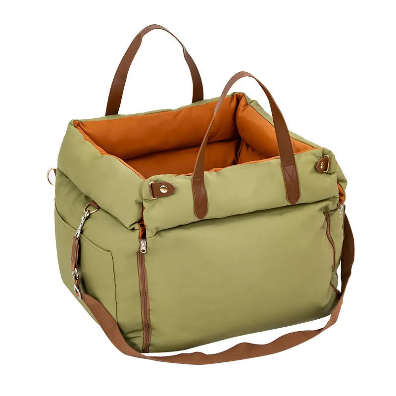 Portable cloth cat car kennel in brown colour, showing dimensions of 55 cm by 50 cm by 45 cm.