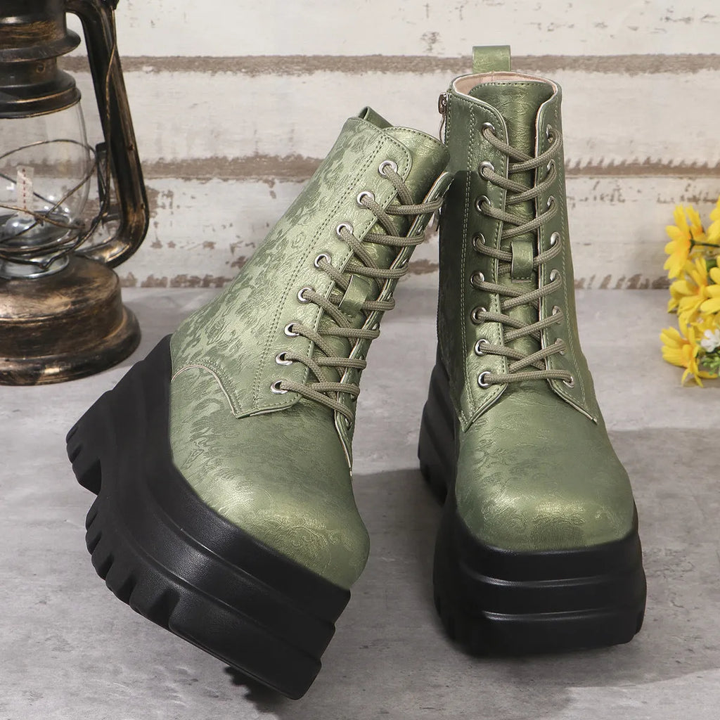 Women's black retro platform Martin boots with chunky heel and side zipper on a three-layer sole