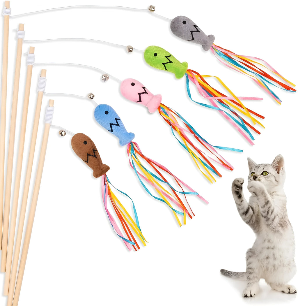 Cat wand toy with catnip fish, colourful ribbons and bell on natural wooden handle