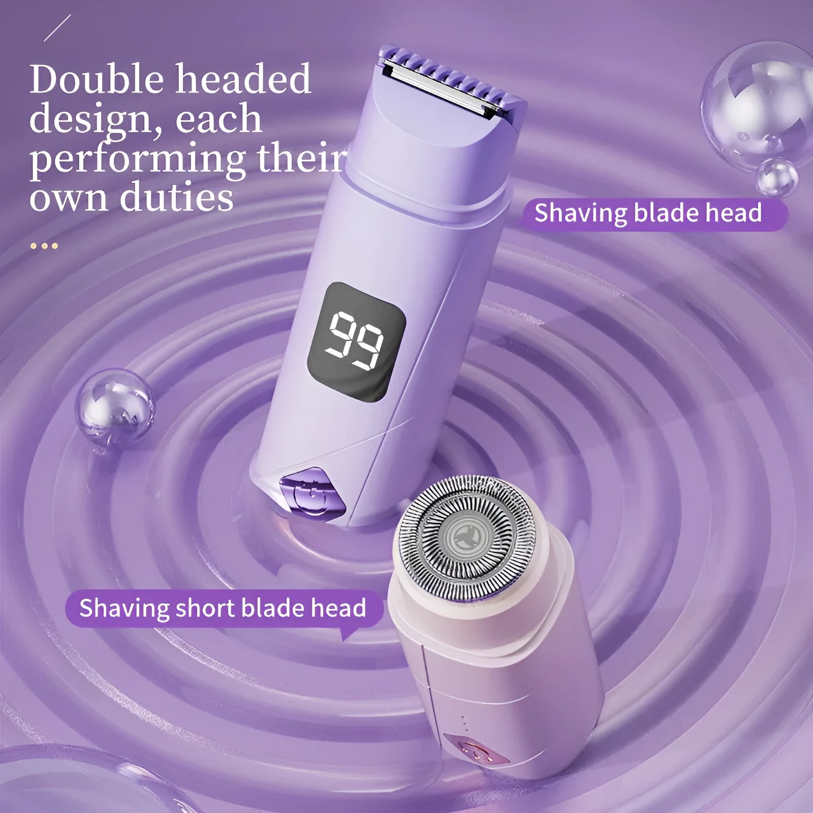 Digital display women's hair removal shaver in gradient purple colour with USB charging port
