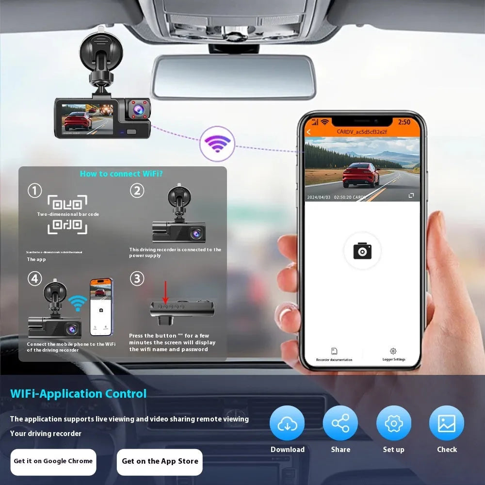 Black WiFi driving recorder with 2-inch screen mounted on car windscreen, showing dual camera setup.