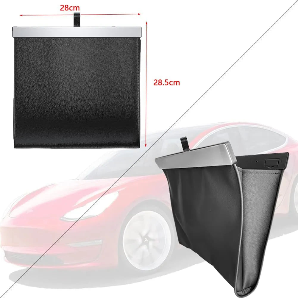 Car leather waterproof hanging garbage bag 27.5x26cm in black with light strip, shown inside a vehicle door pocket
