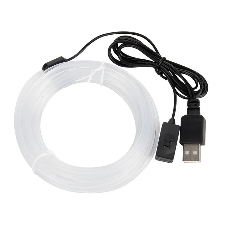 Universal car EL luminous ambience light strip with USB connector in colourful glowing demonstration
