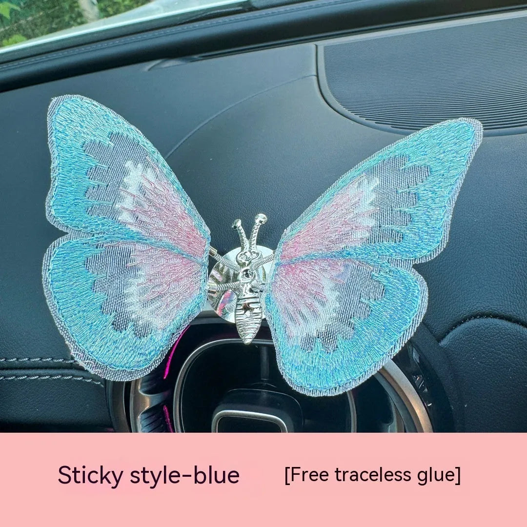 Moving embroidery butterfly fabric car centre console air vent decoration in multiple colour options