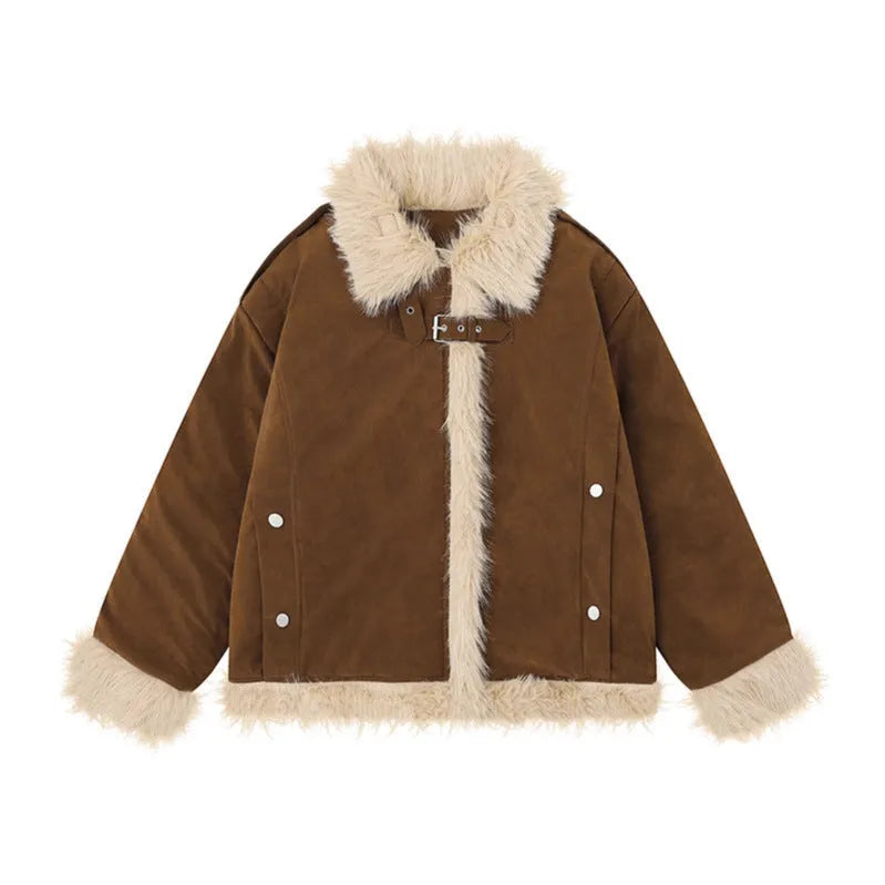 Women's American-style retro loose fit lambswool coat in black with lapel collar
