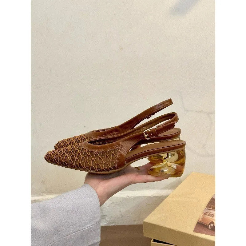 Brown square toe woven slingback sandals for women with rubber sole