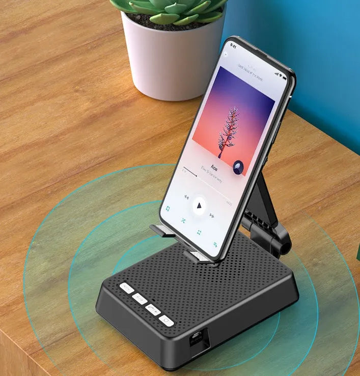 Black mobile phone desk stand with integrated Bluetooth speaker and microphone for live streaming
