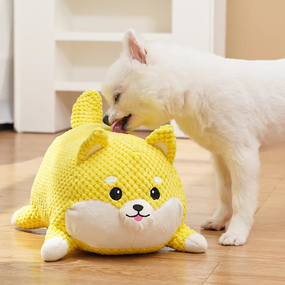 Plush dog toy with bite-resistant fabric and squeaker for puppy teeth cleaning in large and medium sizes