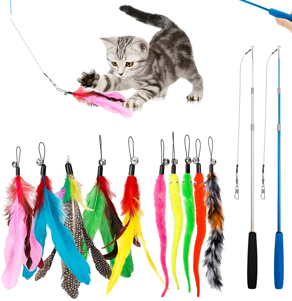 Three-section cat teasing fishing rod with assorted feather heads on plastic poles