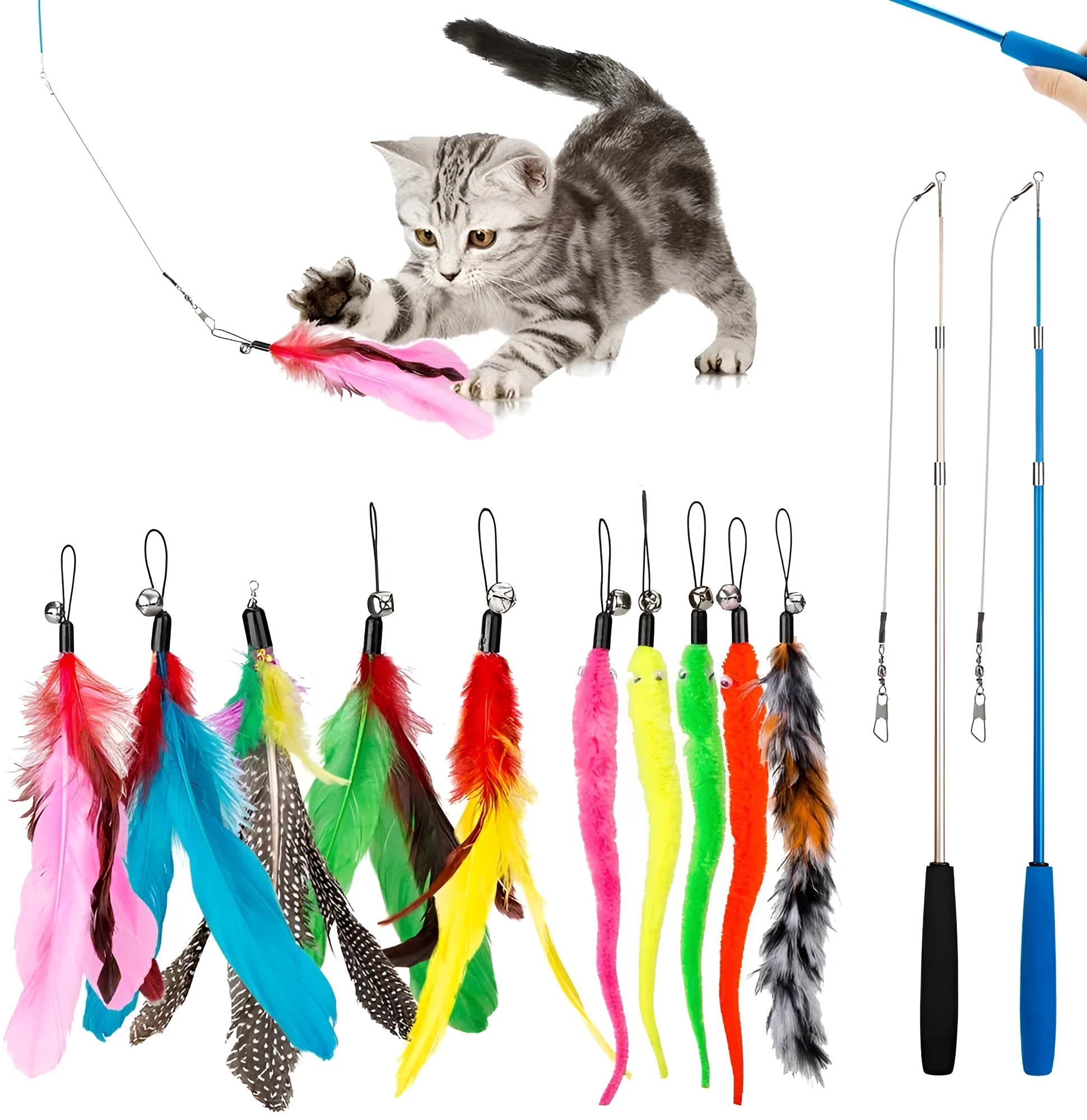 Three-section cat teasing fishing rod with assorted feather heads on plastic poles