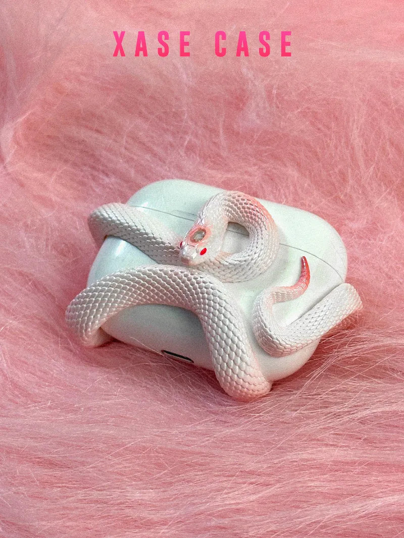 Creative snake design hard resin protective case for AirPods Pro and AirPods 3 in black, white, and pink colours