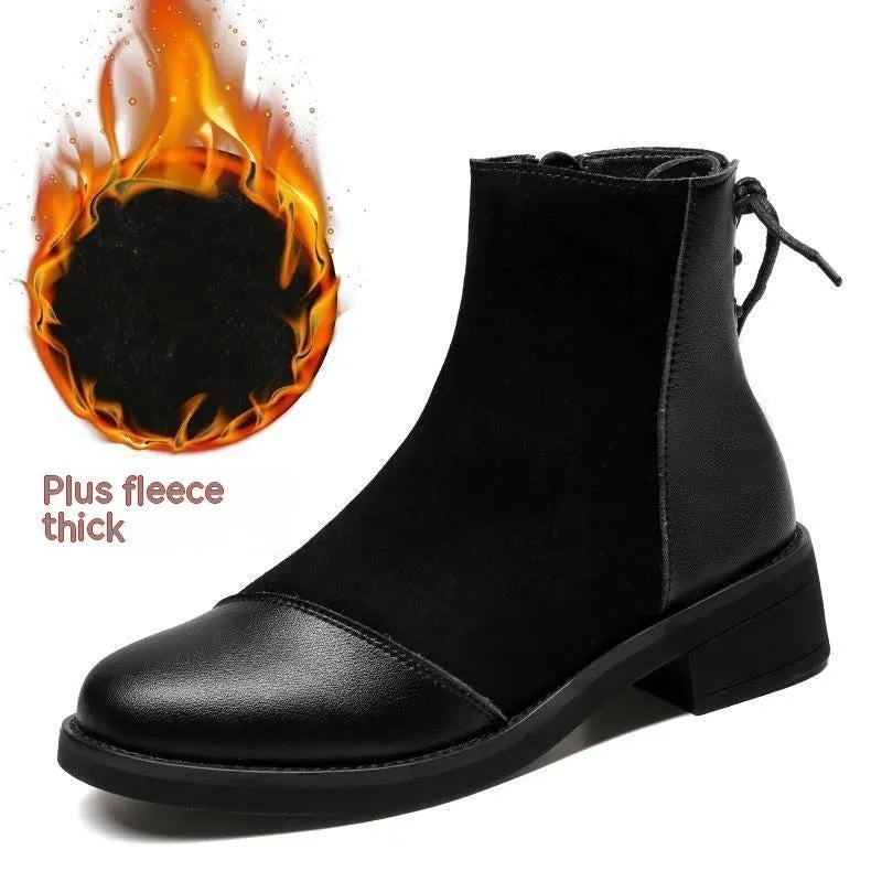 Black women's knee-high Martin boots with side zip and bow detail on a microfibre upper.