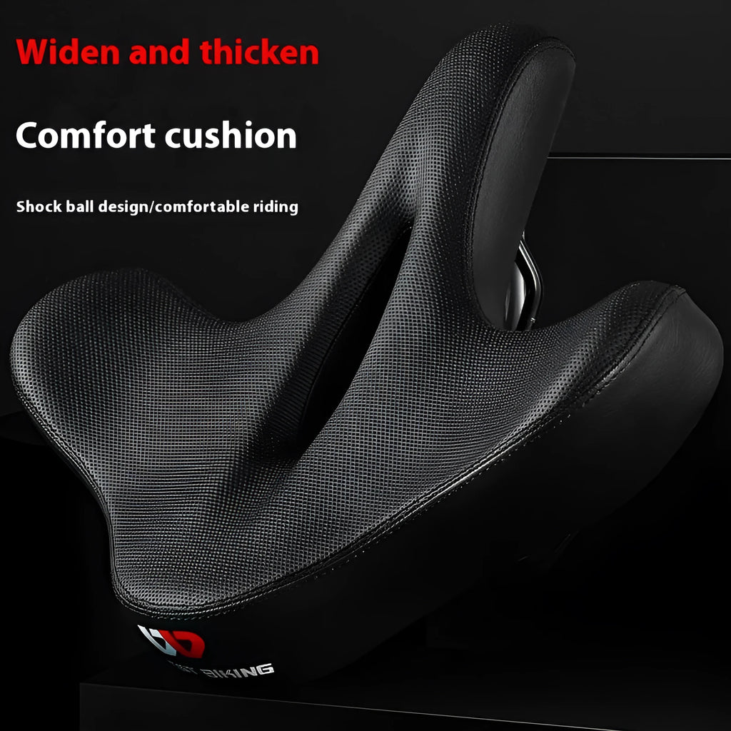 Black thick foam bicycle seat cushion on a mountain bike saddle.