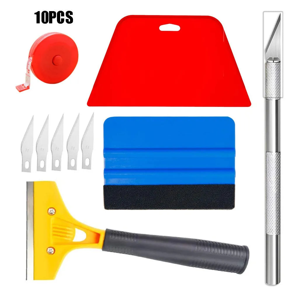 Plastic car window film smoothing tool set with squeegee and scrapers on a white background.